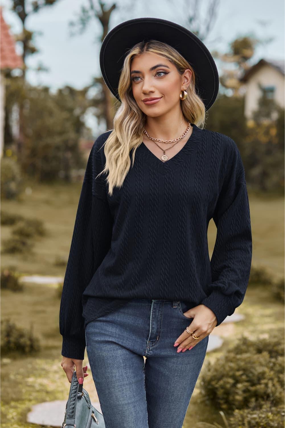 Feel Contented V Neck Long Sleeve Top - MXSTUDIO.COM