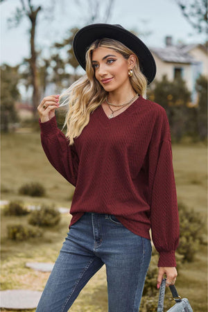 Feel Contented V Neck Long Sleeve Top - MXSTUDIO.COM