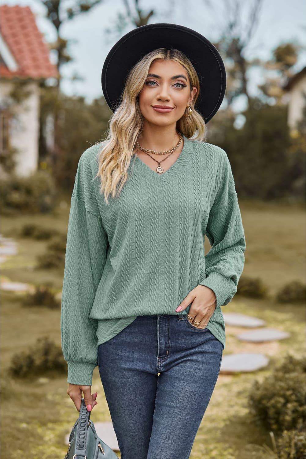 Feel Contented V Neck Long Sleeve Top - MXSTUDIO.COM