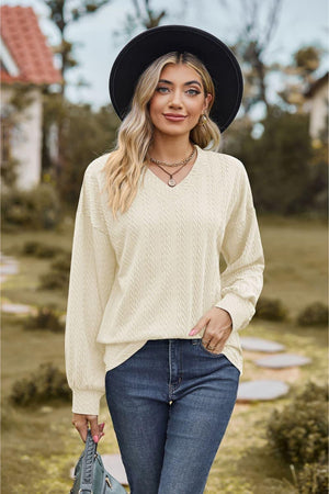 Feel Contented V Neck Long Sleeve Top - MXSTUDIO.COM