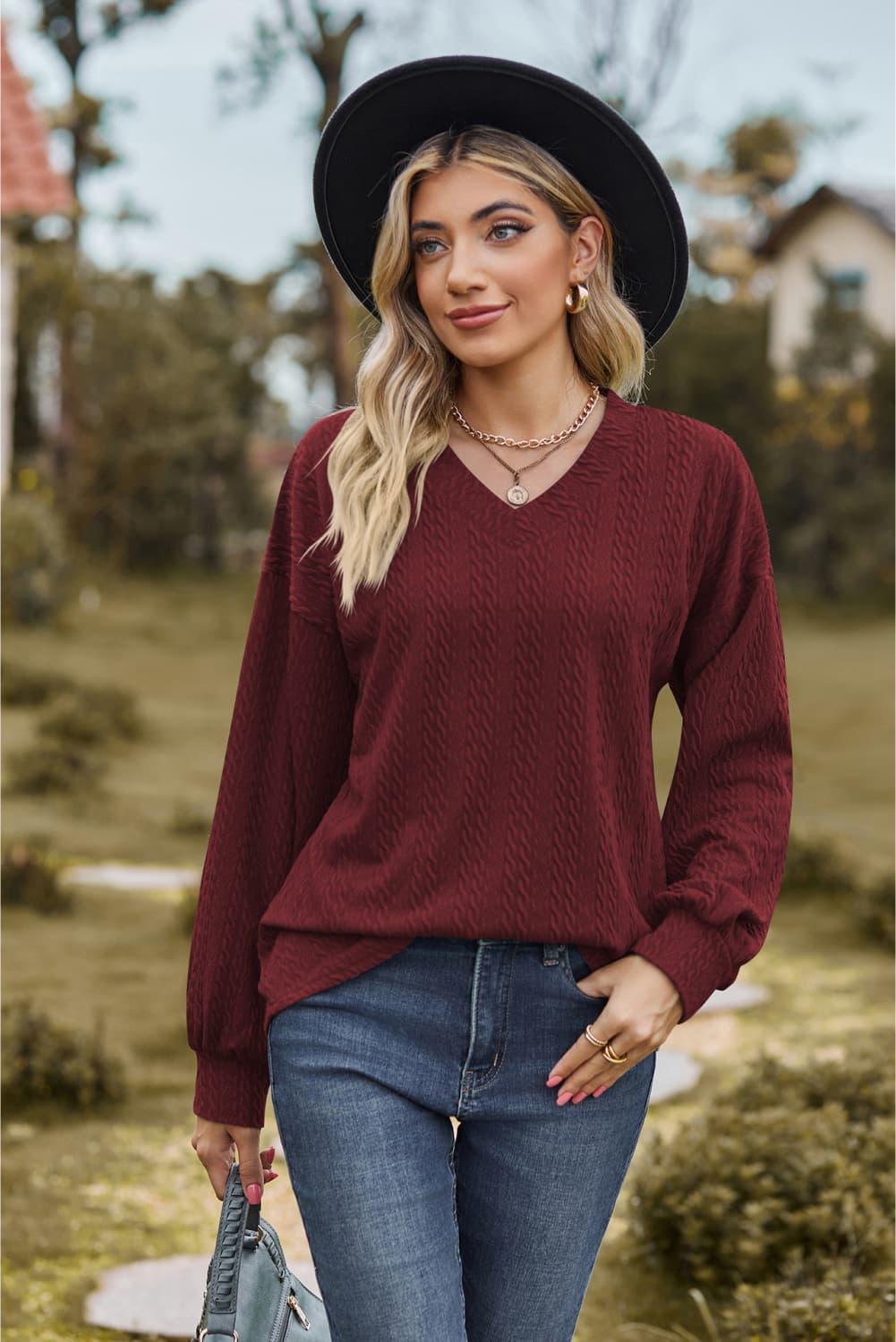 Feel Contented V Neck Long Sleeve Top - MXSTUDIO.COM