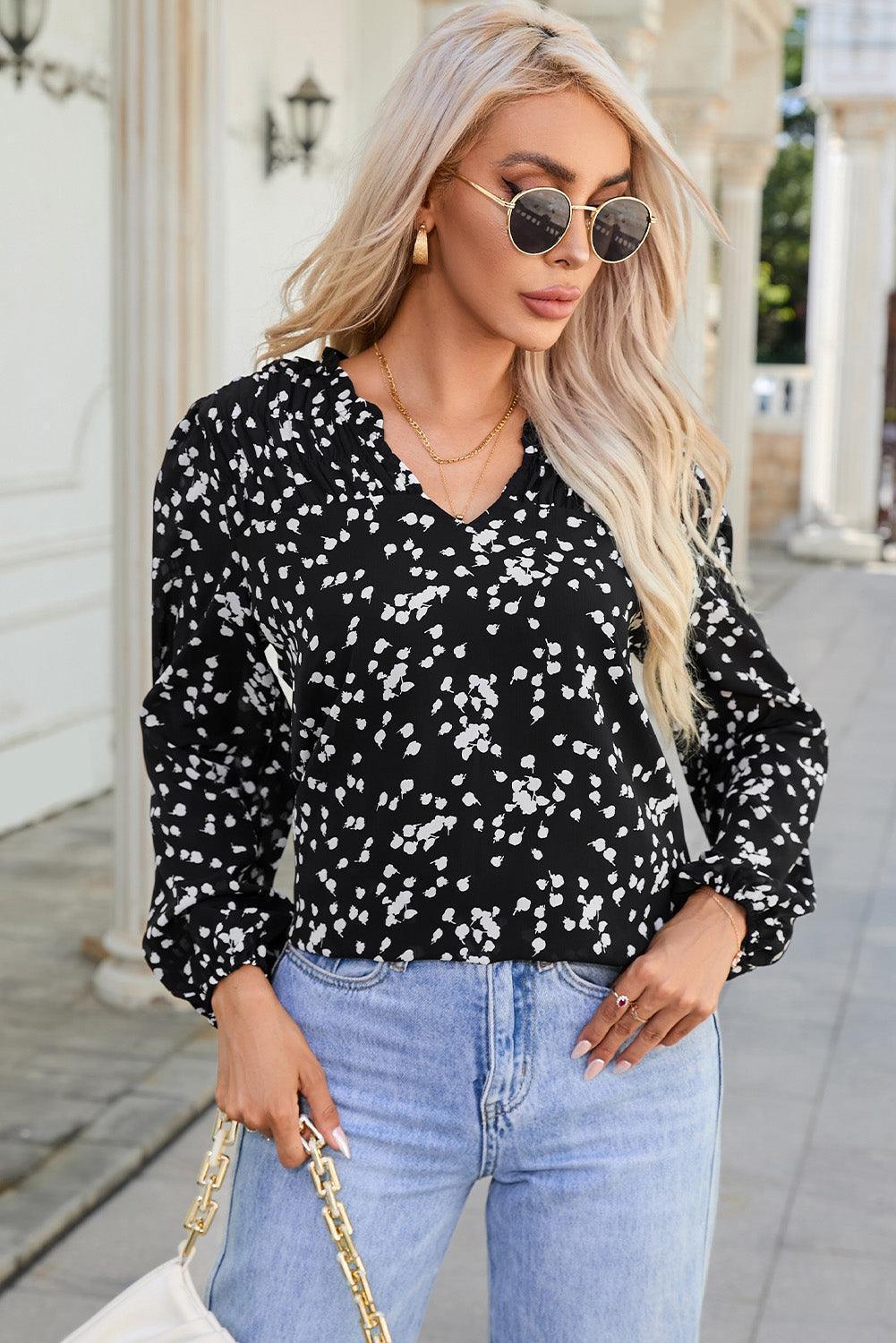 Feel Good Long Sleeve Notched Neck Blouse - MXSTUDIO.COM