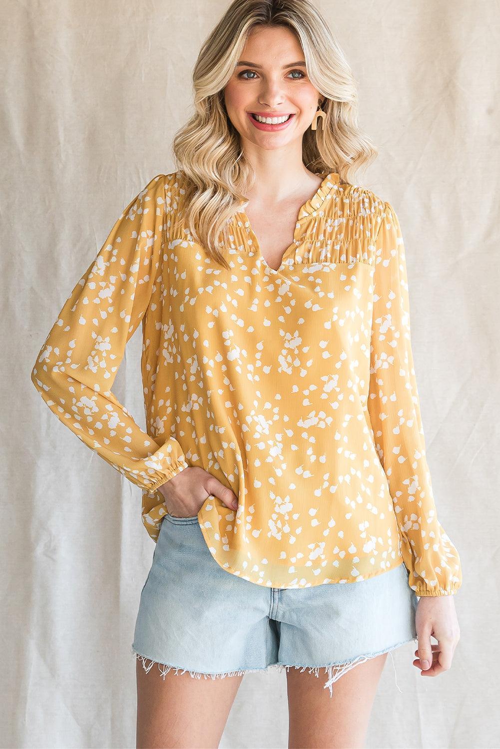 Feel Good Long Sleeve Notched Neck Blouse - MXSTUDIO.COM