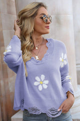 Feel Good V-Neck Flower Distressed Sweater - MXSTUDIO.COM