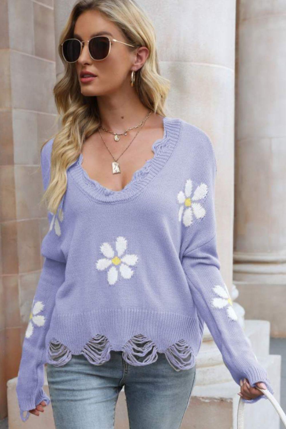 Feel Good V-Neck Flower Distressed Sweater - MXSTUDIO.COM