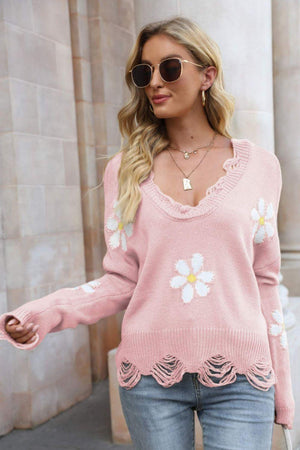 Feel Good V-Neck Flower Distressed Sweater - MXSTUDIO.COM