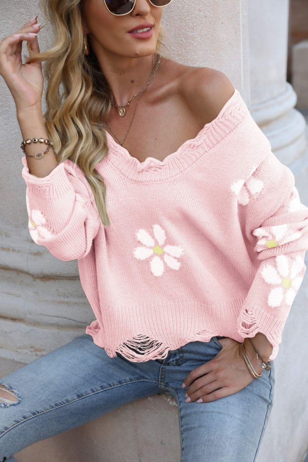 Feel Good V-Neck Flower Distressed Sweater - MXSTUDIO.COM