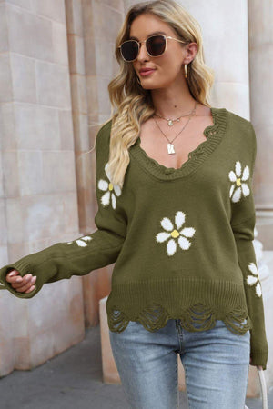 Feel Good V-Neck Flower Distressed Sweater - MXSTUDIO.COM