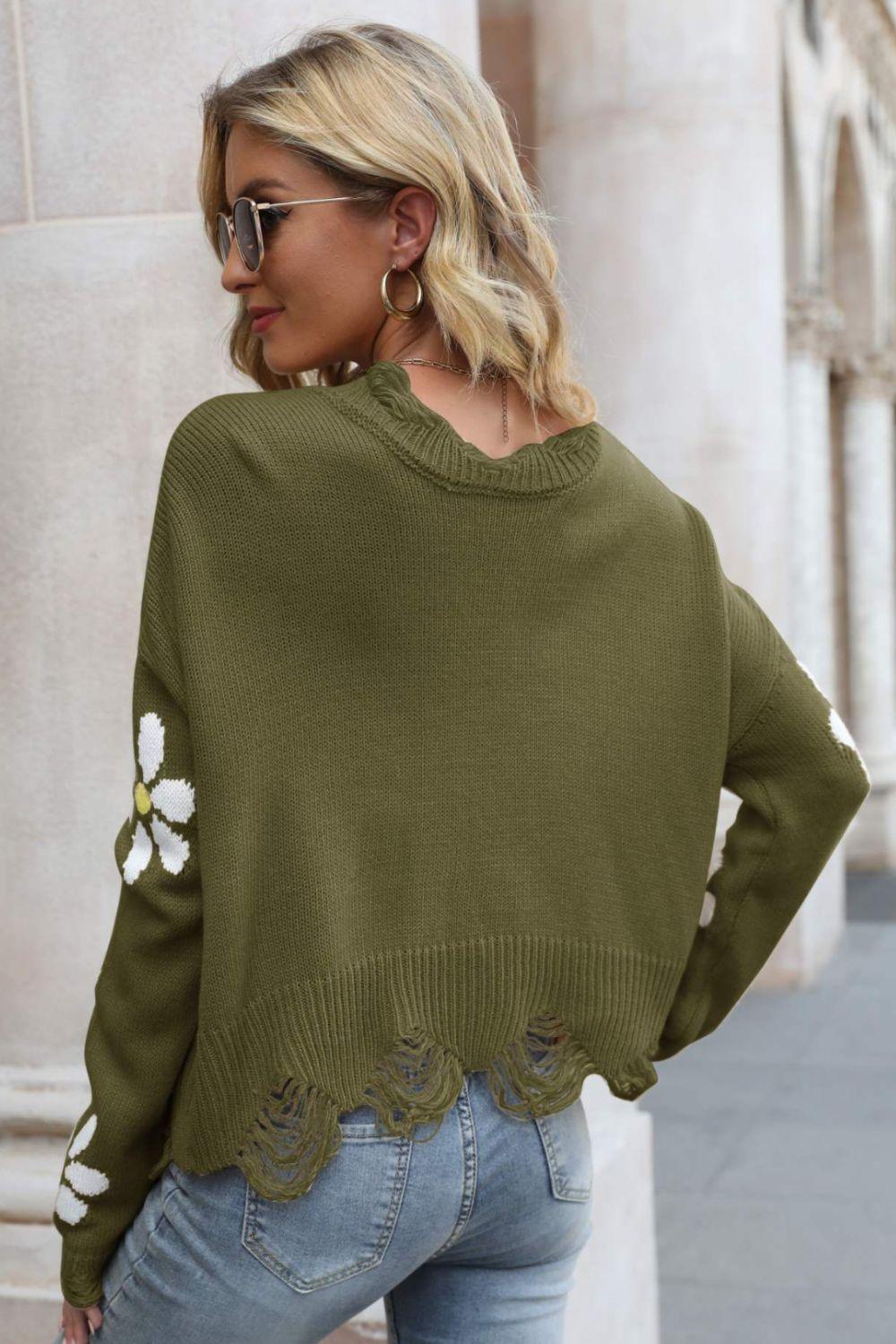 Feel Good V-Neck Flower Distressed Sweater - MXSTUDIO.COM