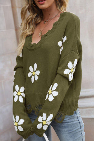 Feel Good V-Neck Flower Distressed Sweater - MXSTUDIO.COM