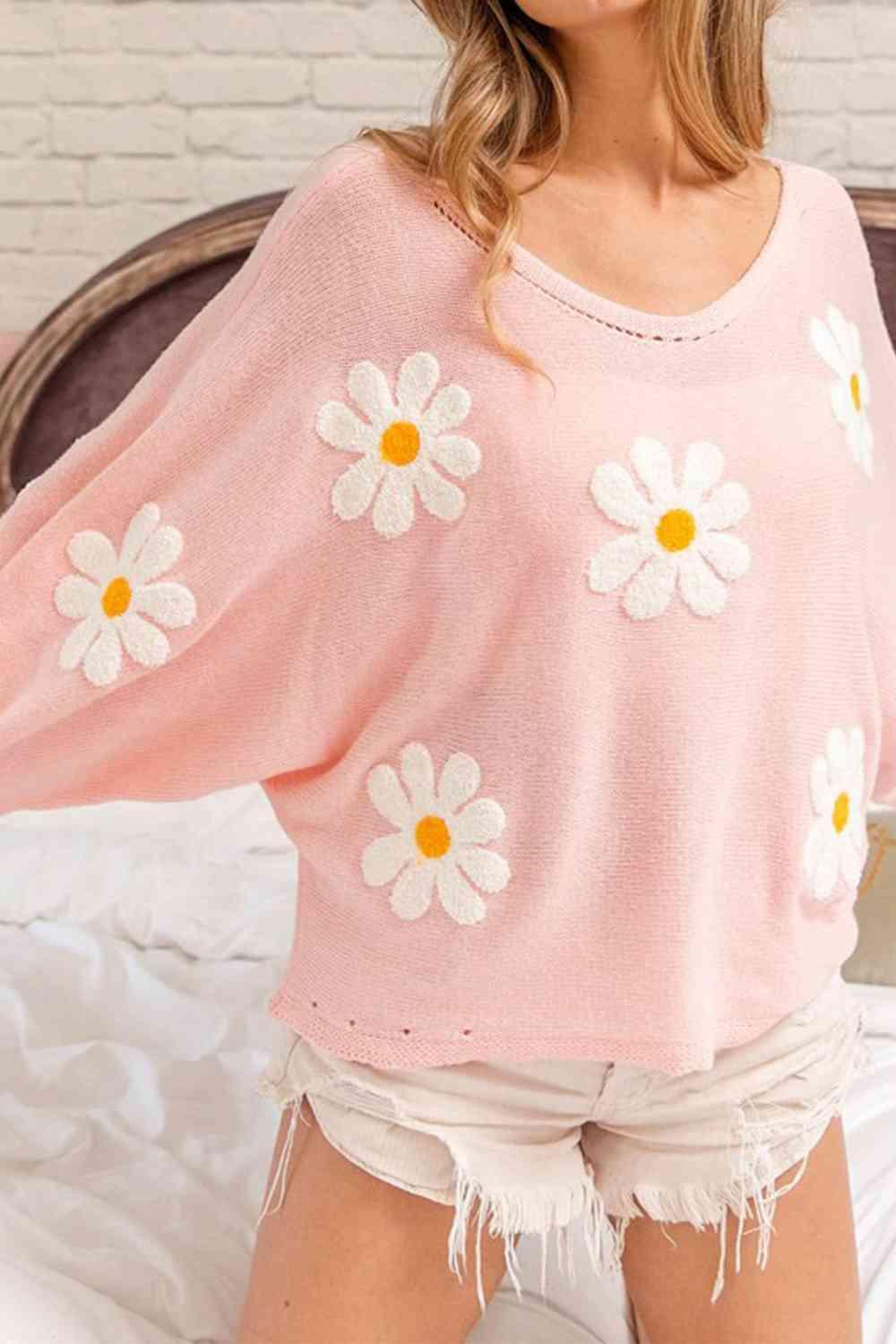 Feel Inspired Crew Neck Knit Flower Sweater-MXSTUDIO.COM