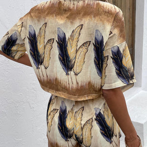 Feel Light Feather Print Top and Shorts Set - MXSTUDIO.COM