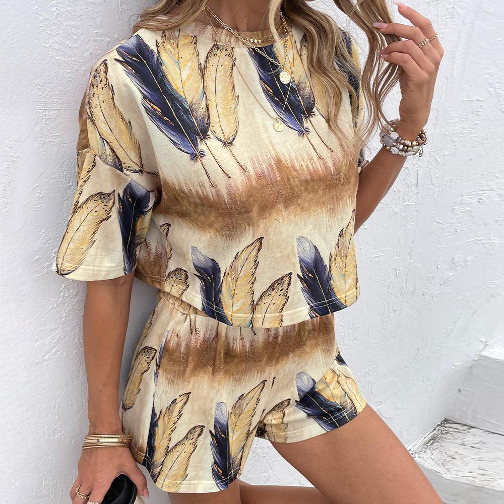 Feel Light Feather Print Top and Shorts Set - MXSTUDIO.COM