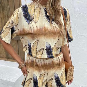 Feel Light Feather Print Top and Shorts Set - MXSTUDIO.COM