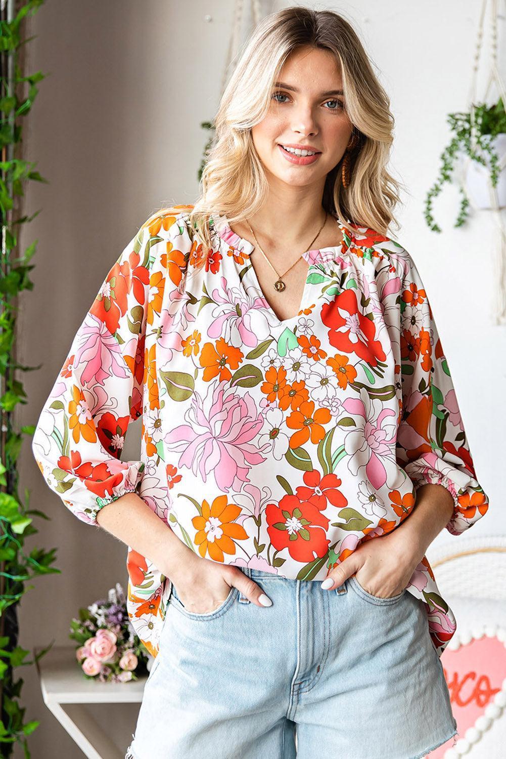 Feel Positive Floral Three Quarter Sleeve Blouse - MXSTUDIO.COM