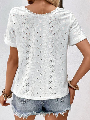 Feel Pure V Neck White Eyelet Blouse - MXSTUDIO.COM