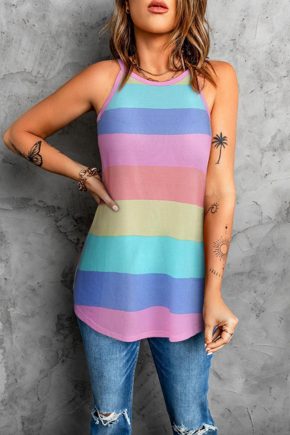 Feel The Summer Air Crew Neck Striped Tank Top - MXSTUDIO.COM