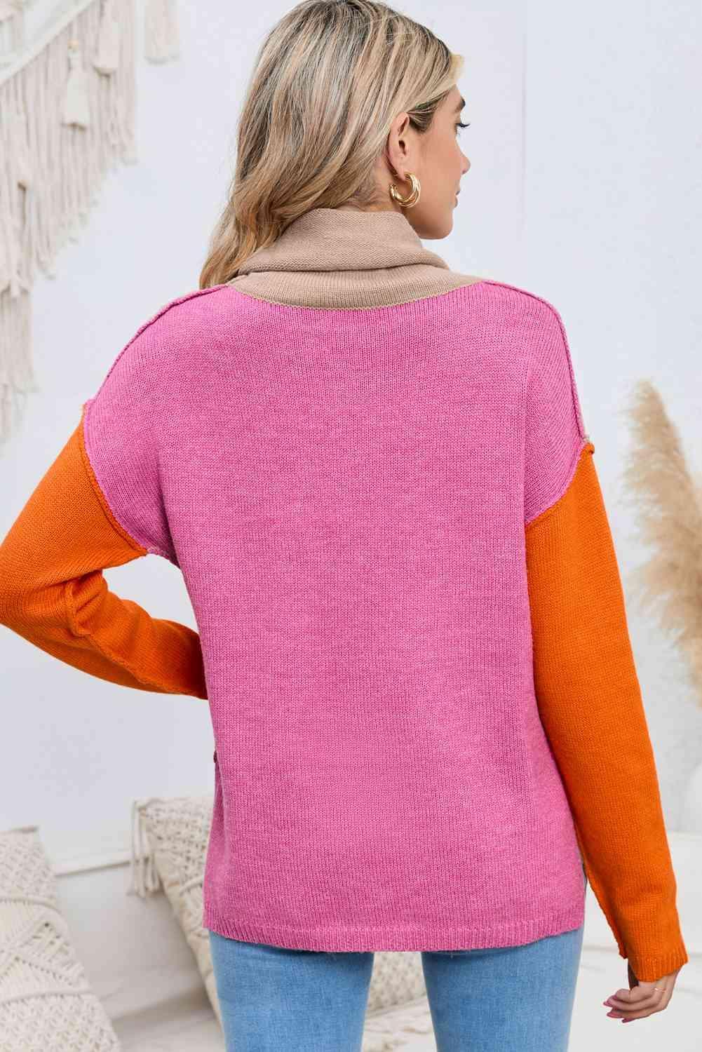 Feel The Warmth Color Block Slit Turtleneck Sweater - MXSTUDIO.COM