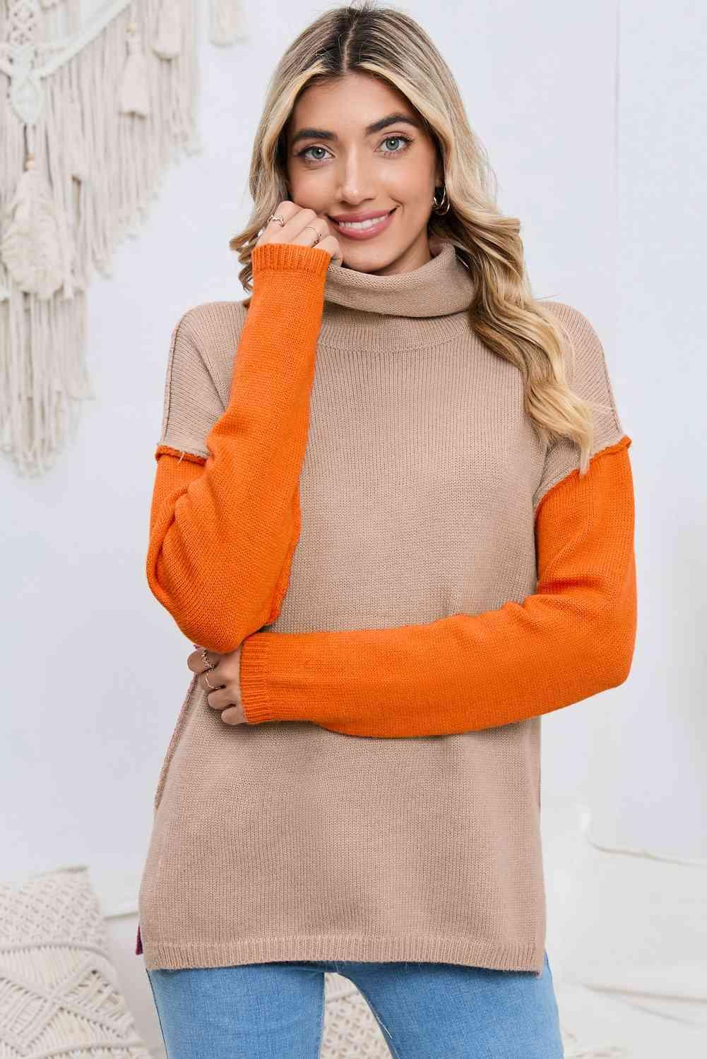 Feel The Warmth Color Block Slit Turtleneck Sweater - MXSTUDIO.COM