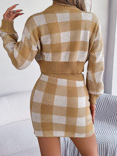 a woman in a brown and white checkered sweater dress