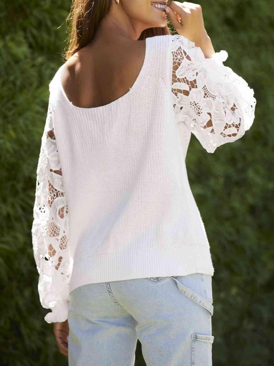 Feminine Comfort Knit White Lace Long Sleeve Top-MXSTUDIO.COM