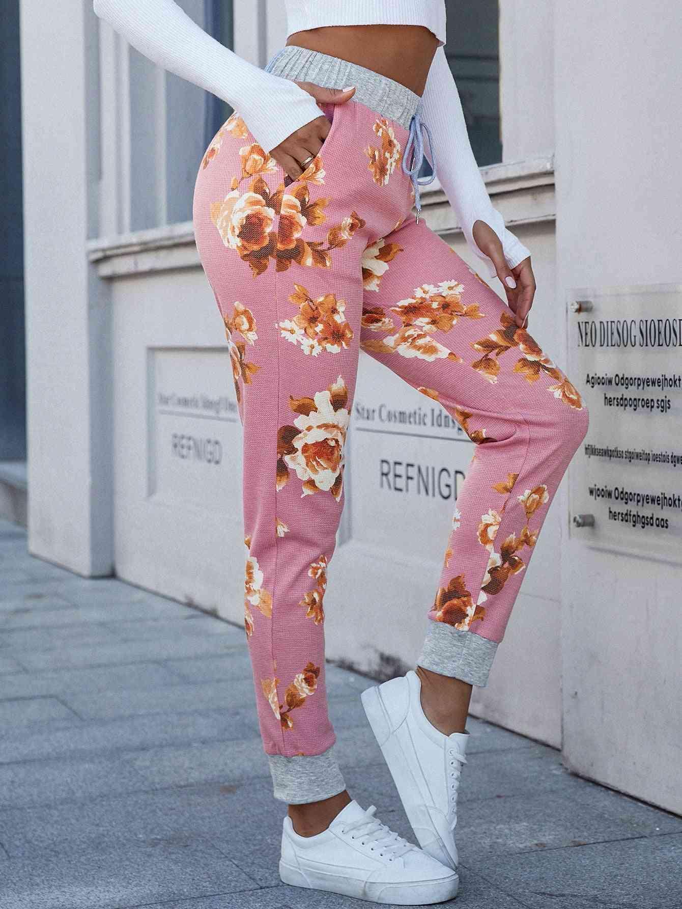 Feminine Outfit Stretch High Waisted Floral Pants - MXSTUDIO.COM