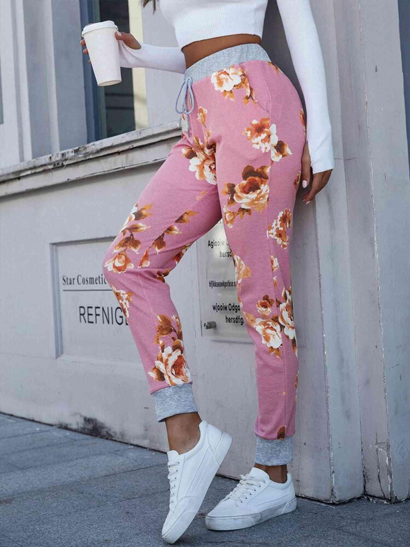 Feminine Outfit Stretch High Waisted Floral Pants - MXSTUDIO.COM