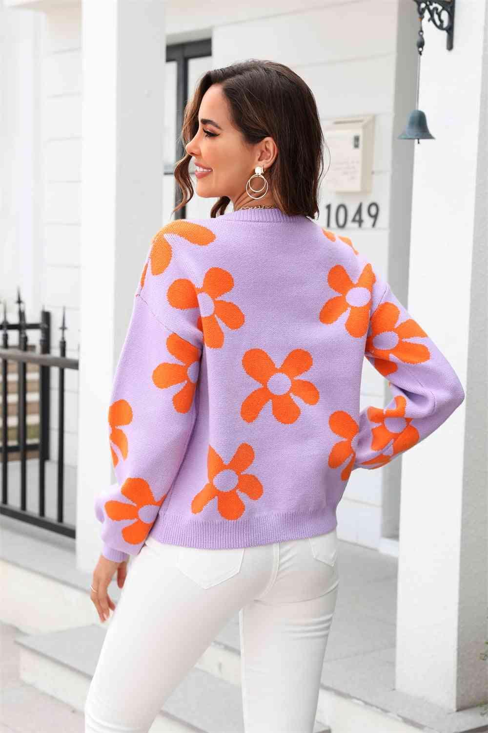Feminine Warmth Crew Neck Floral Sweater - MXSTUDIO.COM