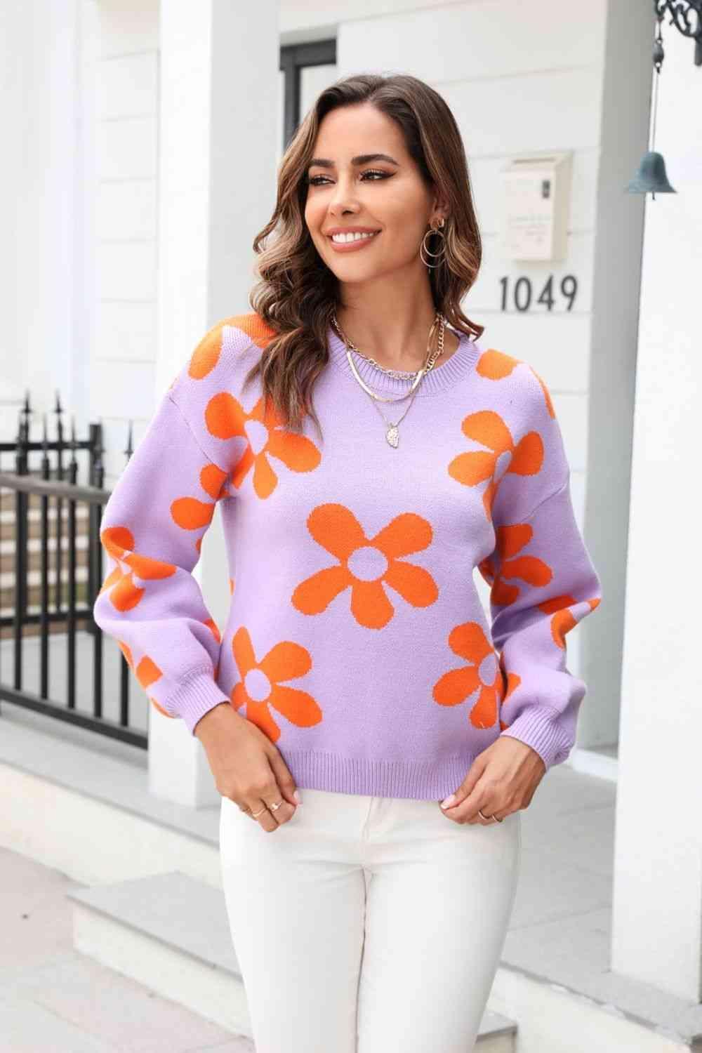 Feminine Warmth Crew Neck Floral Sweater - MXSTUDIO.COM
