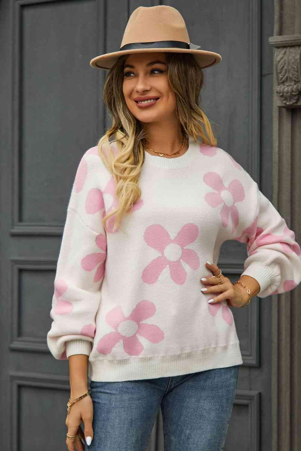 Feminine Warmth Crew Neck Floral Sweater - MXSTUDIO.COM