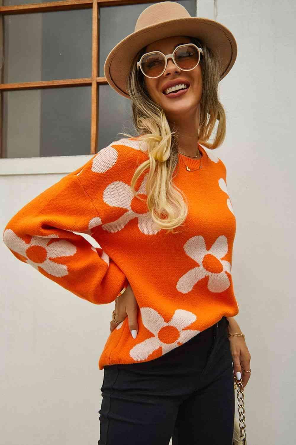 Feminine Warmth Crew Neck Floral Sweater - MXSTUDIO.COM