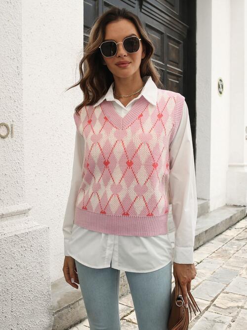 Feminine Warmth Pink Argyle Sweater Vest