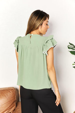 Feminine and Playful Crew Neck Flutter Sleeve Blouse - MXSTUDIO.COM