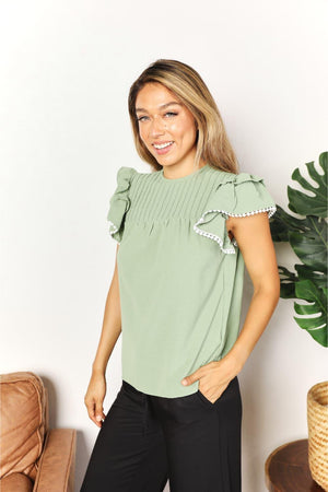 Feminine and Playful Crew Neck Flutter Sleeve Blouse - MXSTUDIO.COM