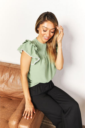 Feminine and Playful Crew Neck Flutter Sleeve Blouse - MXSTUDIO.COM