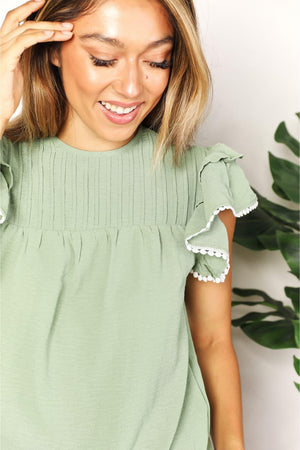 Feminine and Playful Crew Neck Flutter Sleeve Blouse - MXSTUDIO.COM