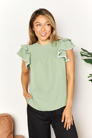 Feminine and Playful Crew Neck Flutter Sleeve Blouse - MXSTUDIO.COM