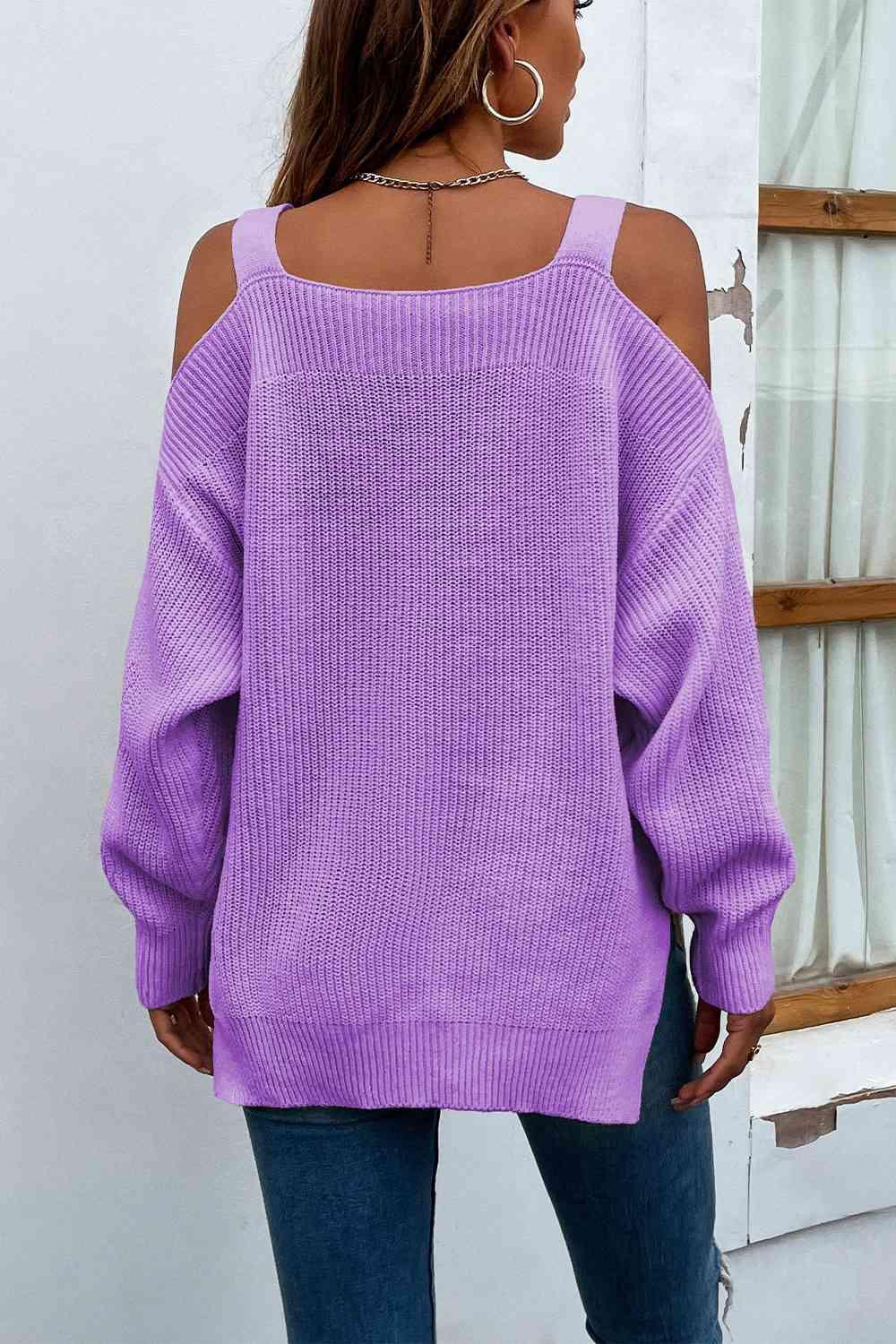 Femininely Cozy Ribbed Knit Cold Shoulder Sweater-MXSTUDIO.COM