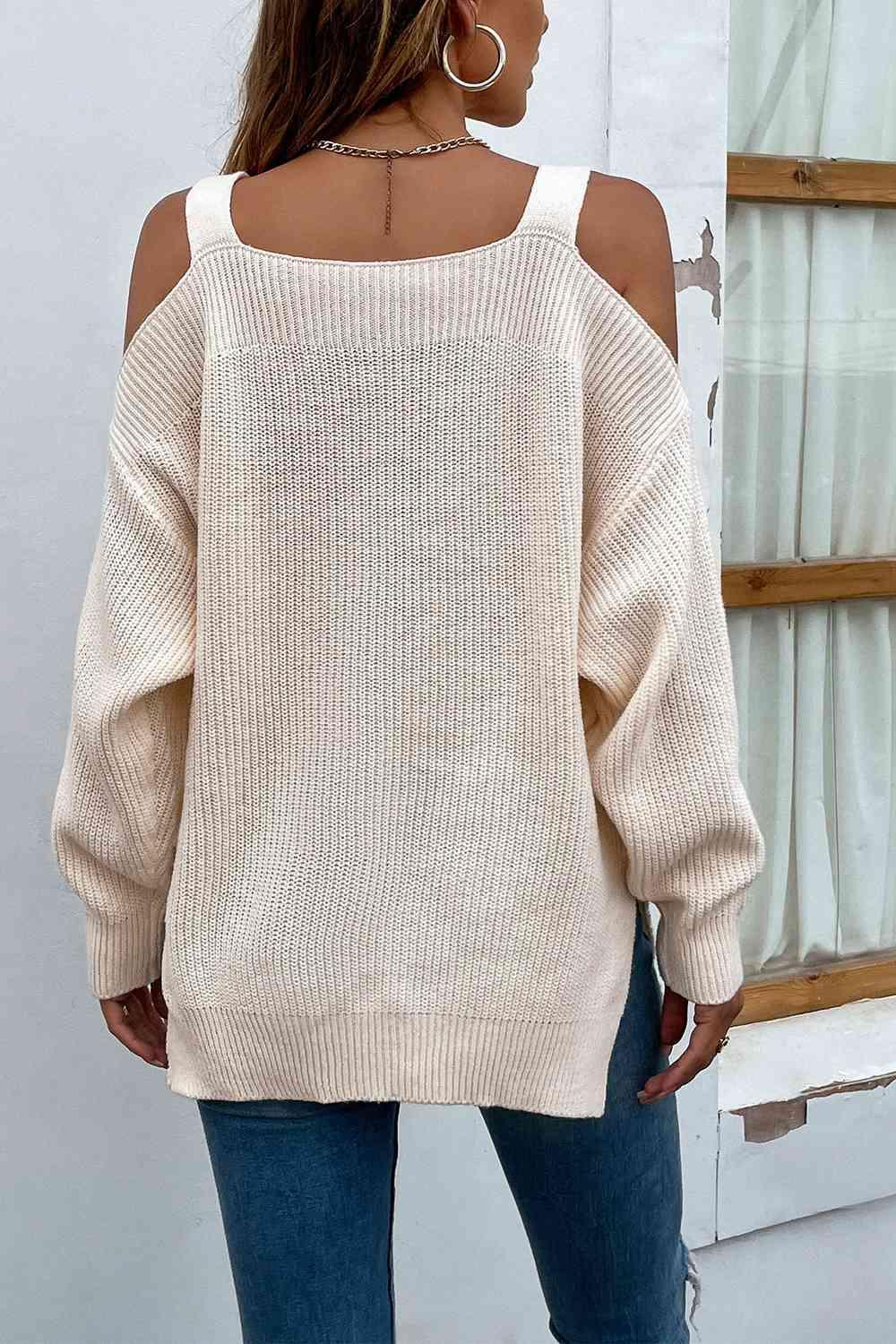 Femininely Cozy Ribbed Knit Cold Shoulder Sweater-MXSTUDIO.COM