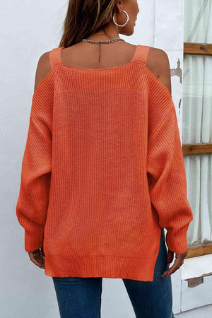 Femininely Cozy Ribbed Knit Cold Shoulder Sweater-MXSTUDIO.COM