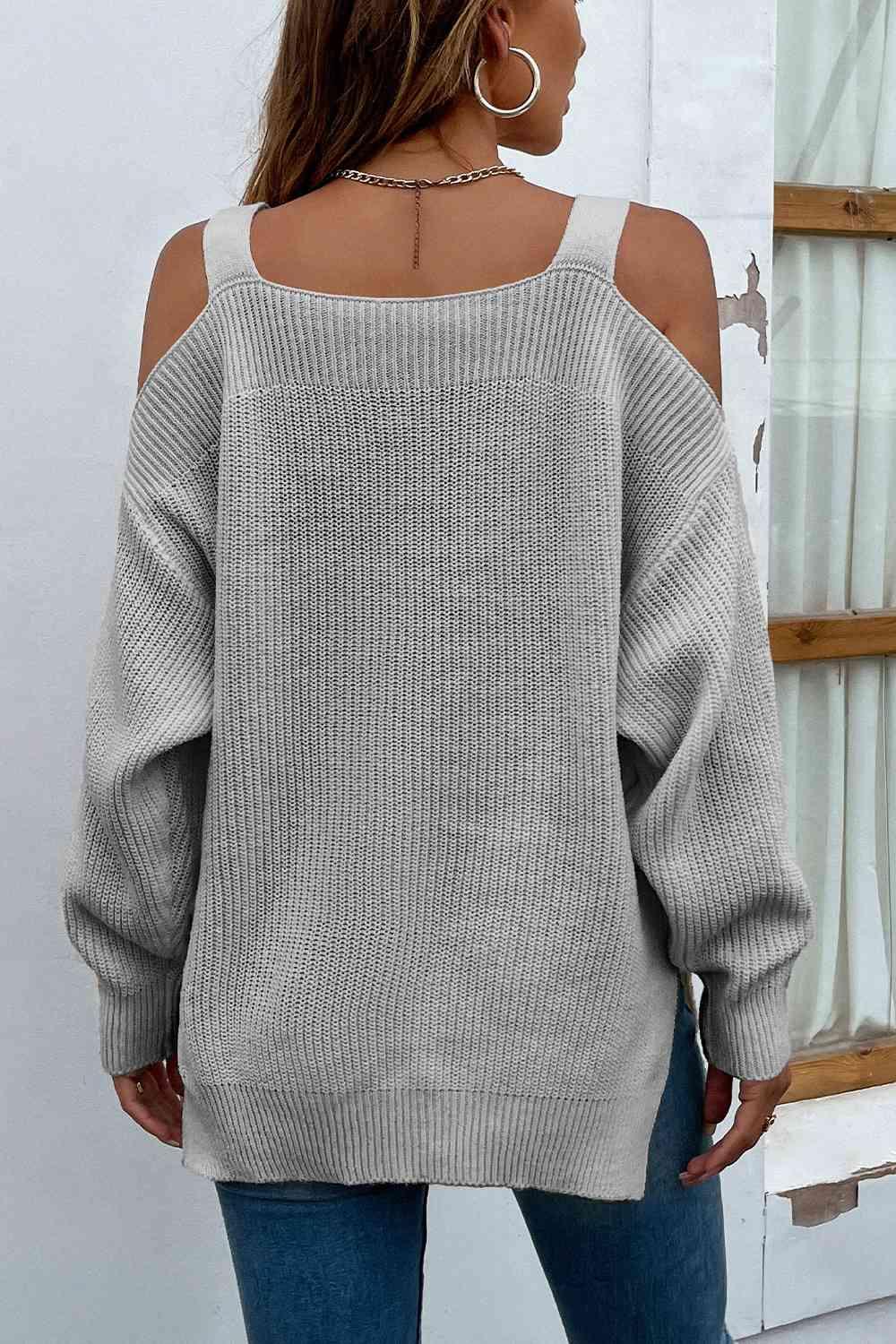 Femininely Cozy Ribbed Knit Cold Shoulder Sweater-MXSTUDIO.COM