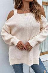 Femininely Cozy Ribbed Knit Cold Shoulder Sweater-MXSTUDIO.COM