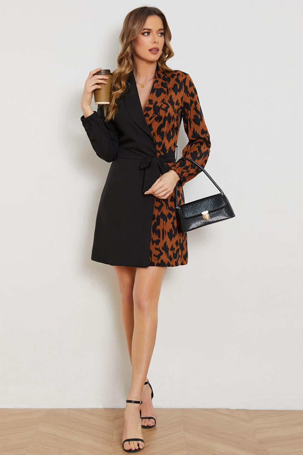 Ferocious Leopard Long Sleeve Wrap Mini Dress - MXSTUDIO.COM