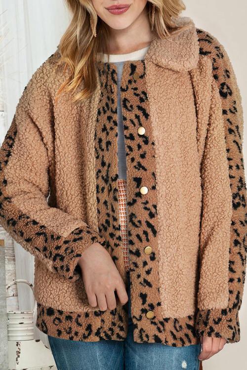 Ferociously Comfy Collared Leopard Fleece Jacket-MXSTUDIO.COM