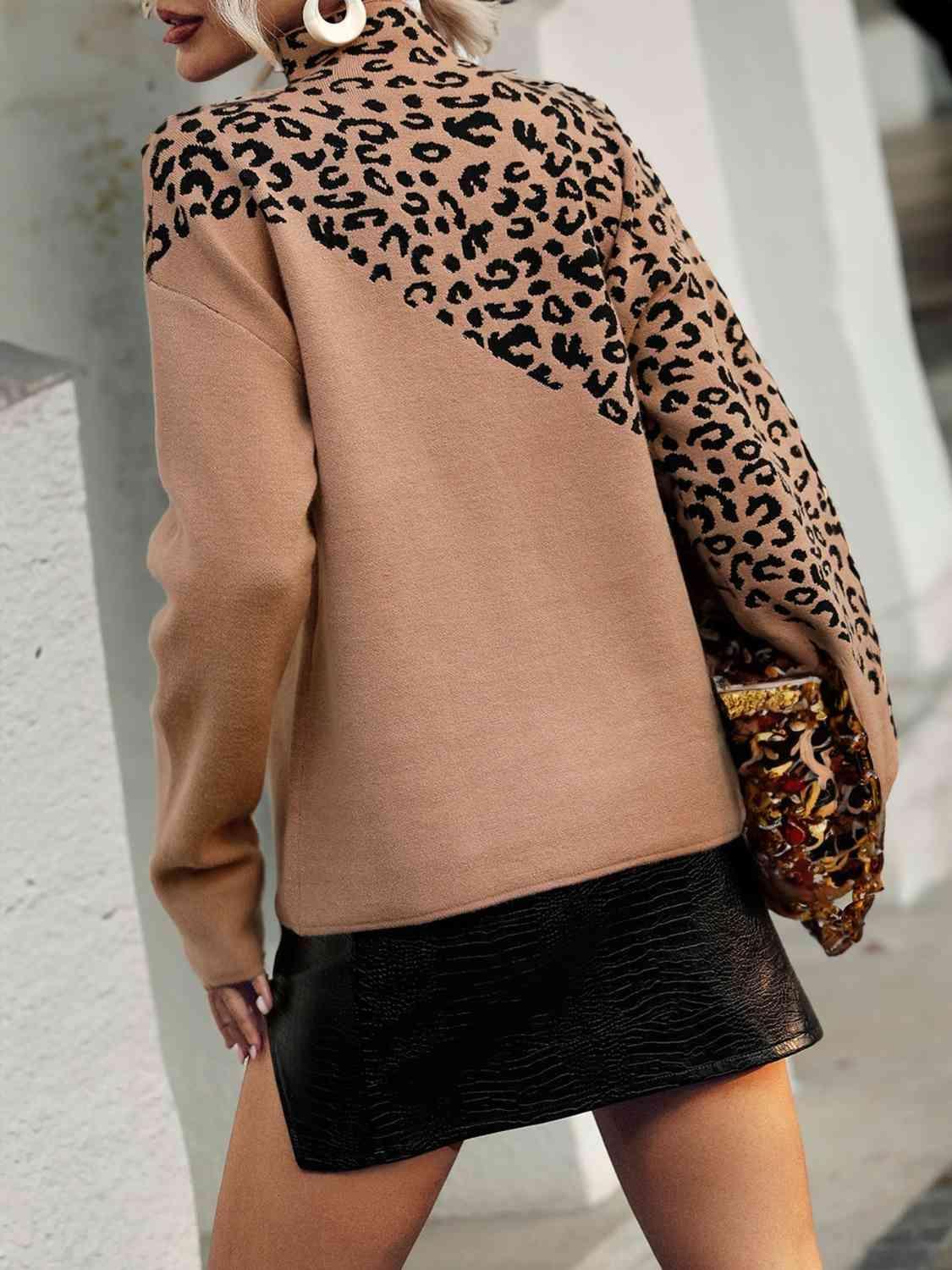 Fierce Autumn Mock Neck Leopard Print Sweater-MXSTUDIO.COM