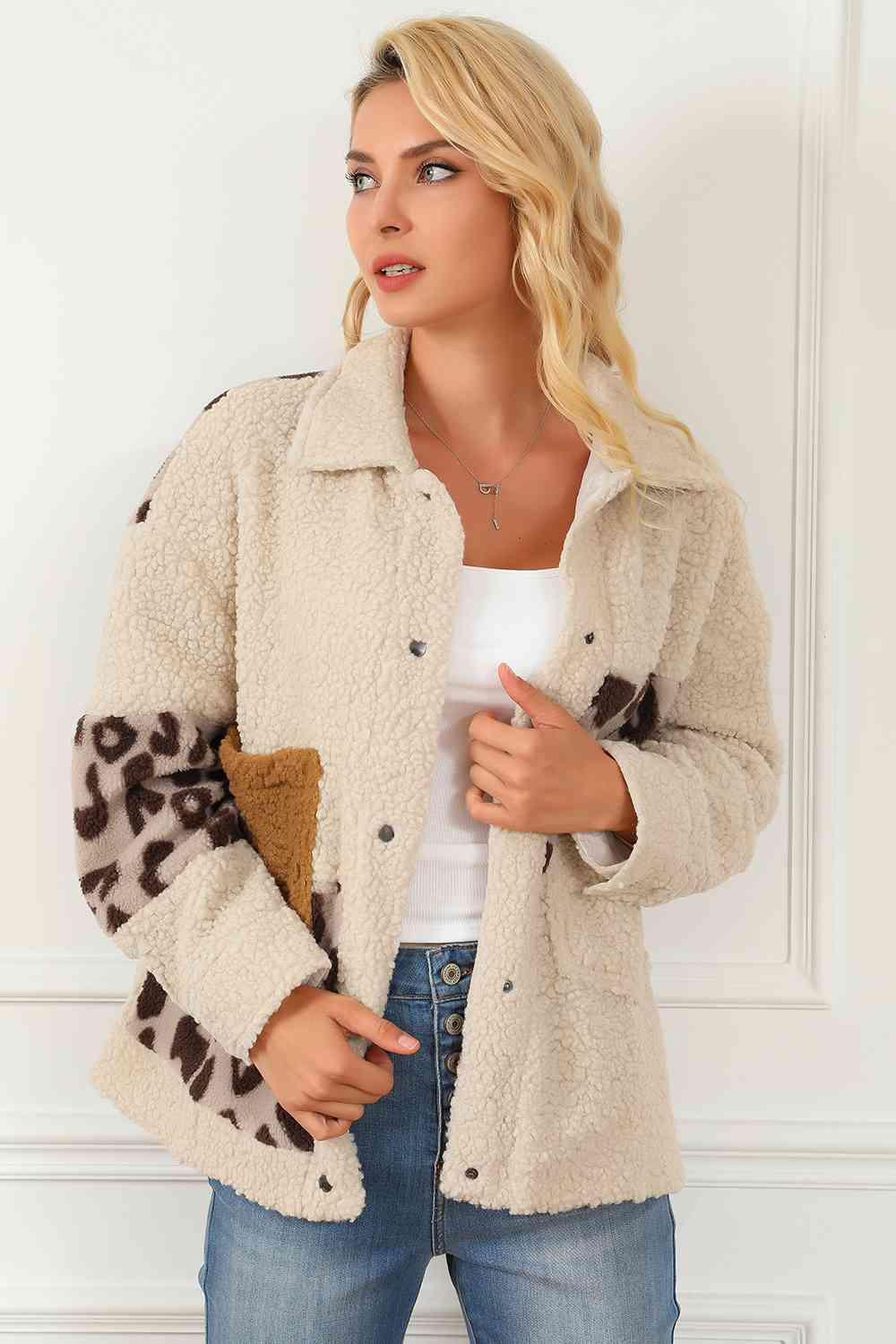 Fierce Winter Snap Button Leopard Teddy Jacket - MXSTUDIO.COM