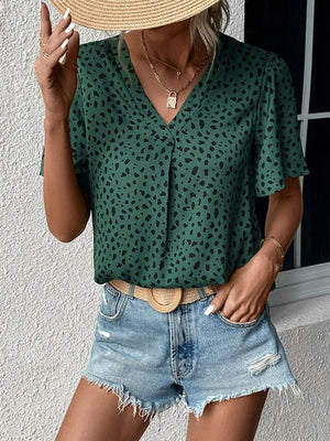 Fighter Animal Print Green V Neck Blouse - MXSTUDIO.COM