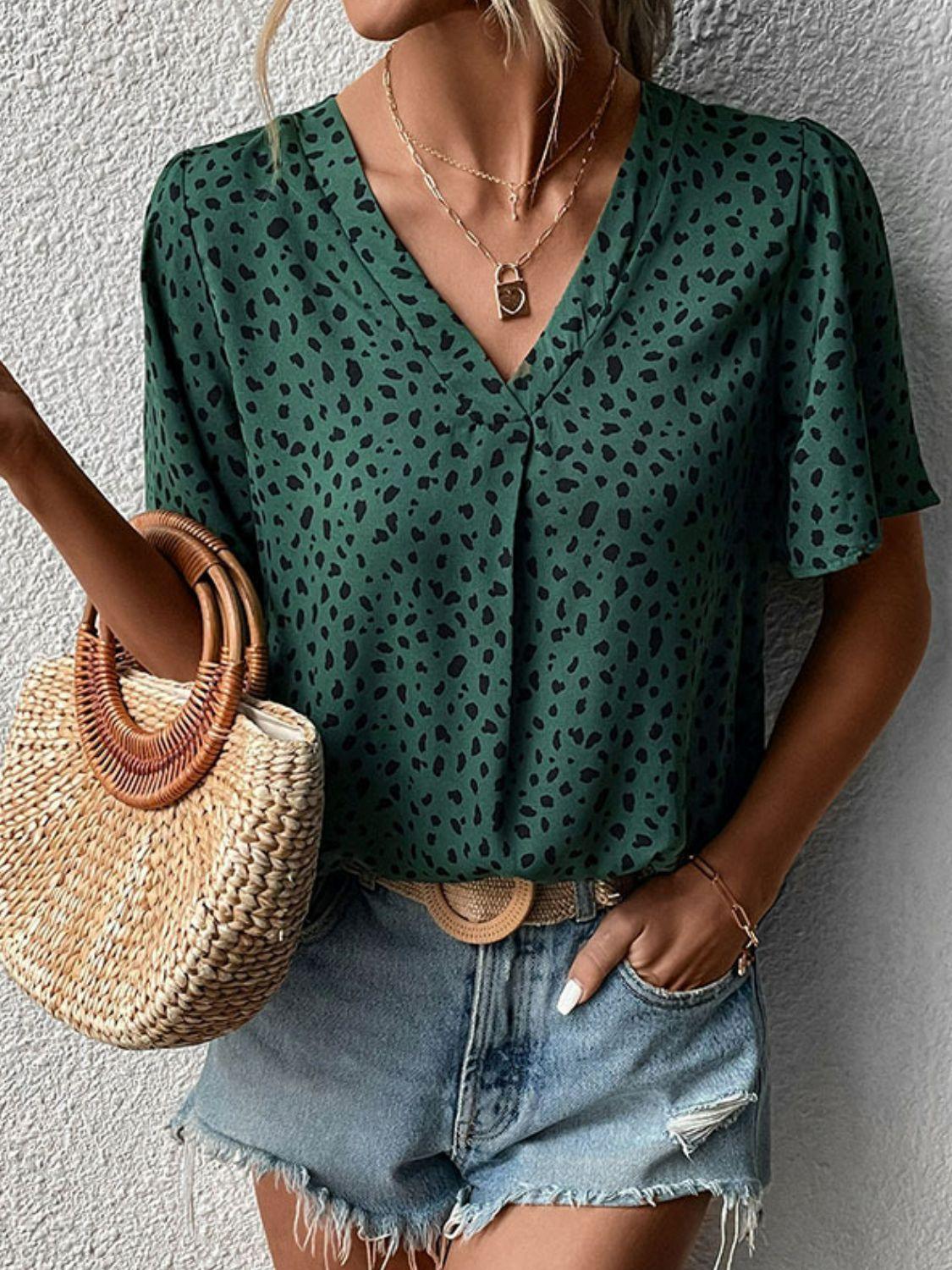 Fighter Animal Print Green V Neck Blouse - MXSTUDIO.COM