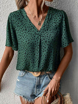 Fighter Animal Print Green V Neck Blouse - MXSTUDIO.COM