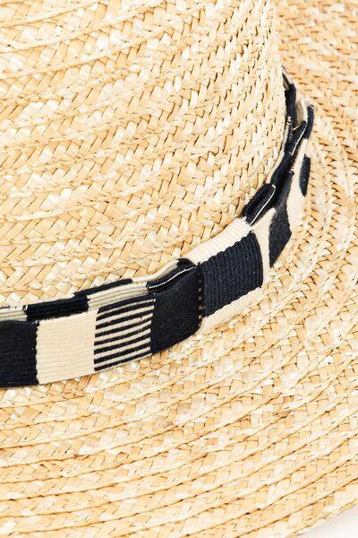 a straw hat with black and white stripes